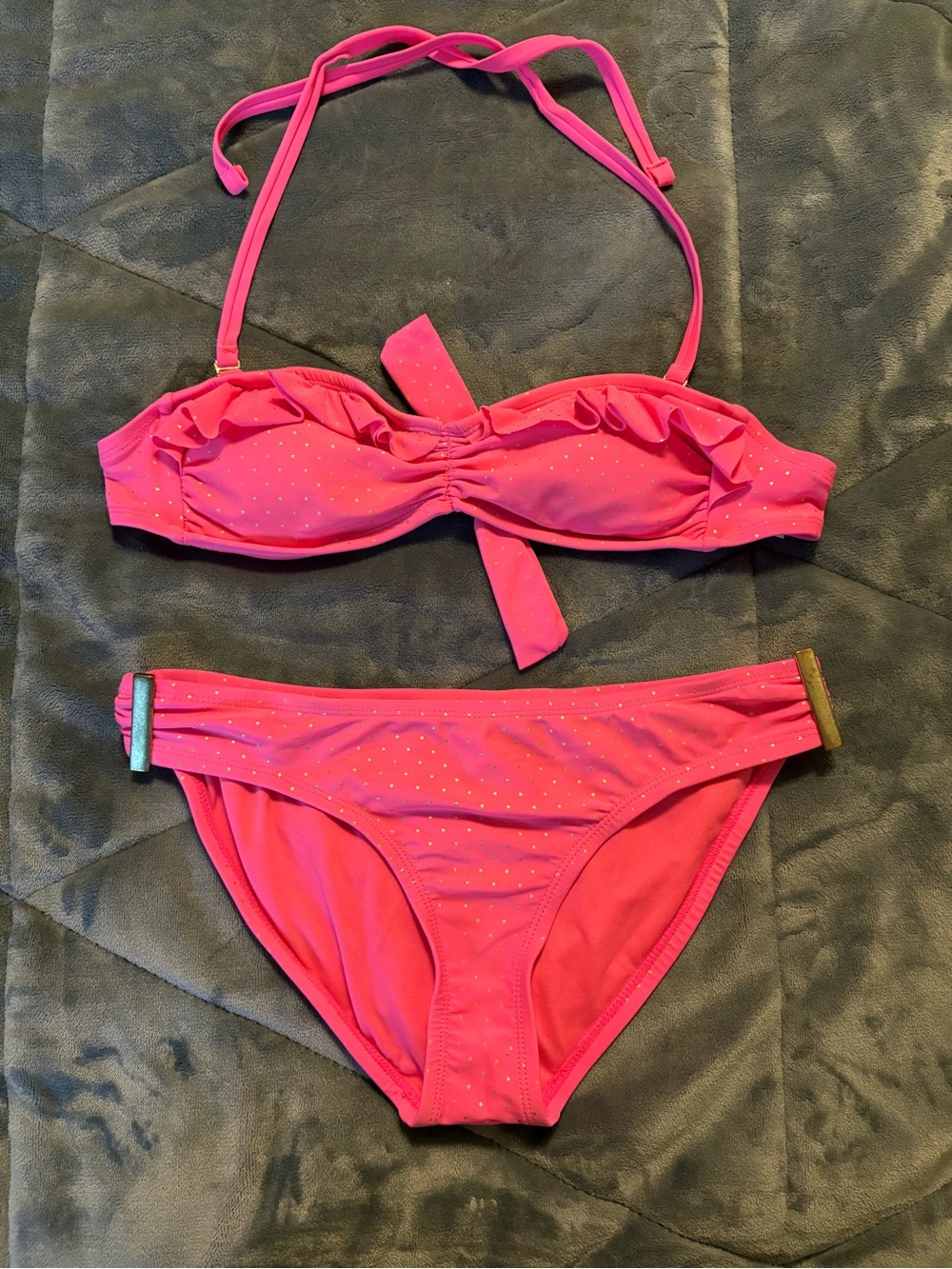 Bright Pink Bikini Gold Polka Dots Removable Tie Strap Ruffle Trim Small/Medium
